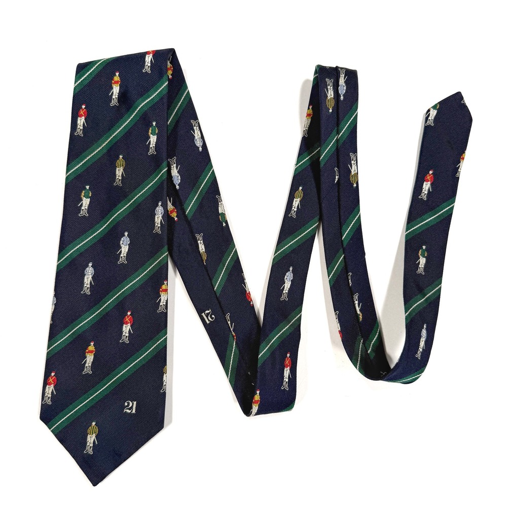 Vintage The 21 Club Silk Tie Navy Blue Green Stripe Equestrian Jockey Repp